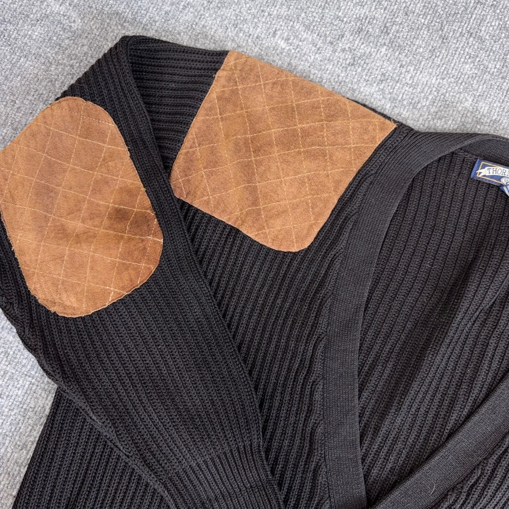 Vintage Grandpa Cardigan Sweater Men Medium Black Oversized Elbow Shoulder Patch - Picture 3 of 8